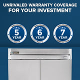 A blue background with bold white text: UNRIVALED WARRANTY COVERAGE FOR YOUR INVESTMENT. Below are icons for 5-year labor, 6-year parts, and 7-year compressor warranties. The bottom shows a True Refrigeration T-49F-HC commercial reach-in freezer.