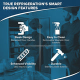 A promotional graphic for the True Refrigeration T-49F-HC ENERGY STAR freezer features four sections: Sleek Design, Easy to Clean, Enhanced Visibility, and Durable. Chefs work in a kitchen alongside this commercial reach-in freezer.