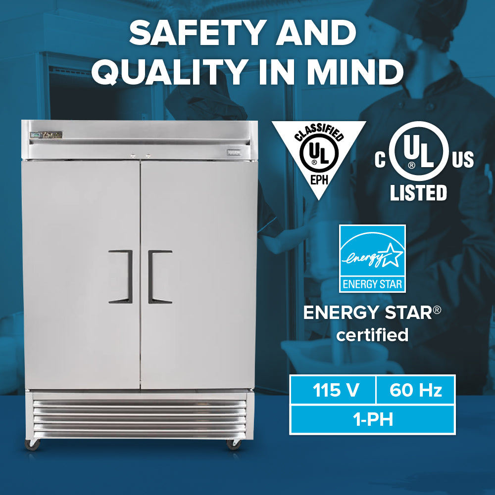A commercial reach-in freezer, like the True Refrigeration T-49F-HC, is shown with UL Listed, UL Classified, and ENERGY STAR freezer certification. “Safety and Quality in Mind” is highlighted as people work in the background. Specifications: 115V, 60Hz, 1-PH.