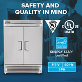 A commercial reach-in freezer, like the True Refrigeration T-49F-HC, is shown with UL Listed, UL Classified, and ENERGY STAR freezer certification. “Safety and Quality in Mind” is highlighted as people work in the background. Specifications: 115V, 60Hz, 1-PH.