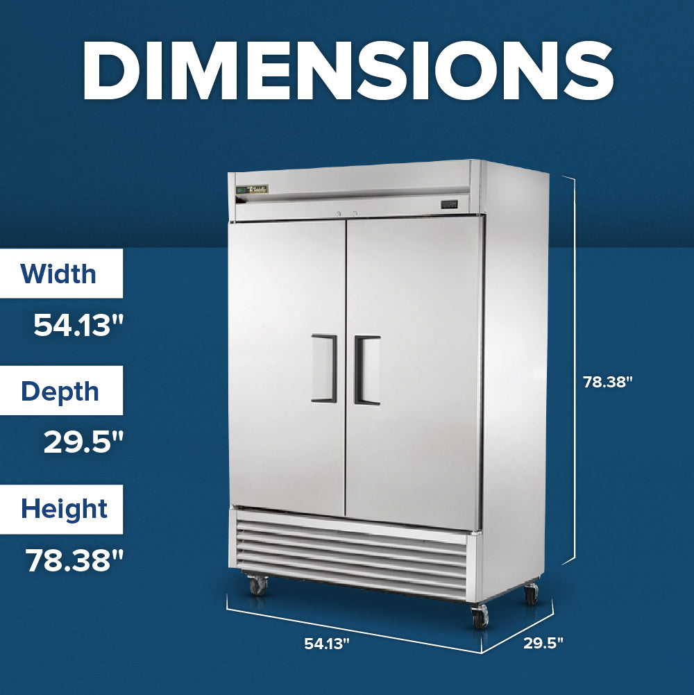 A large True Refrigeration T-49F-HC commercial reach-in freezer on wheels is shown against a blue background. White text displays its dimensions: Width 54.13, Depth 29.5, Height 78.38. DIMENSIONS appears at the top in bold white letters.