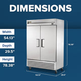 A large True Refrigeration T-49F-HC commercial reach-in freezer on wheels is shown against a blue background. White text displays its dimensions: Width 54.13, Depth 29.5, Height 78.38. DIMENSIONS appears at the top in bold white letters.