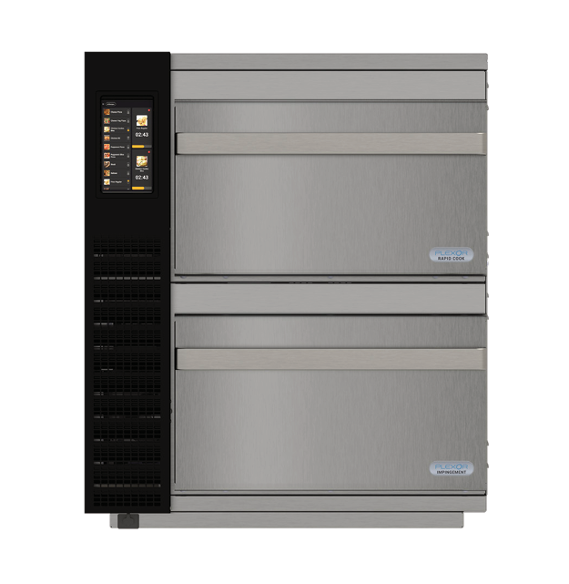 A modern stainless steel TurboChef Plexor M2 combination oven with two horizontal drawers and a vertical black control panel on the left, featuring a digital touchscreen display and ventless electric oven technology in a sleek, industrial design.