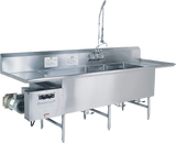 A large commercial stainless steel sink with four deep basins, a tall backsplash, an industrial TurboWash faucet with a flexible hose, and a mounted garbage disposal unit on the left side, supported by metal legs.