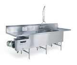 A large industrial stainless steel three-compartment sink with a high-back splashguard, TurboWash pre-rinse spray faucet, four sturdy legs, side drainboards, and an attached electric motor unit on the left side. The background is plain white.