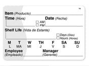 A bilingual English-Spanish food label template, ideal for Daymark Labels or Cook Chill Labels, with fields for item, date, time (AM/PM), shelf life, weekday checkboxes, and spaces for employee and manager names.