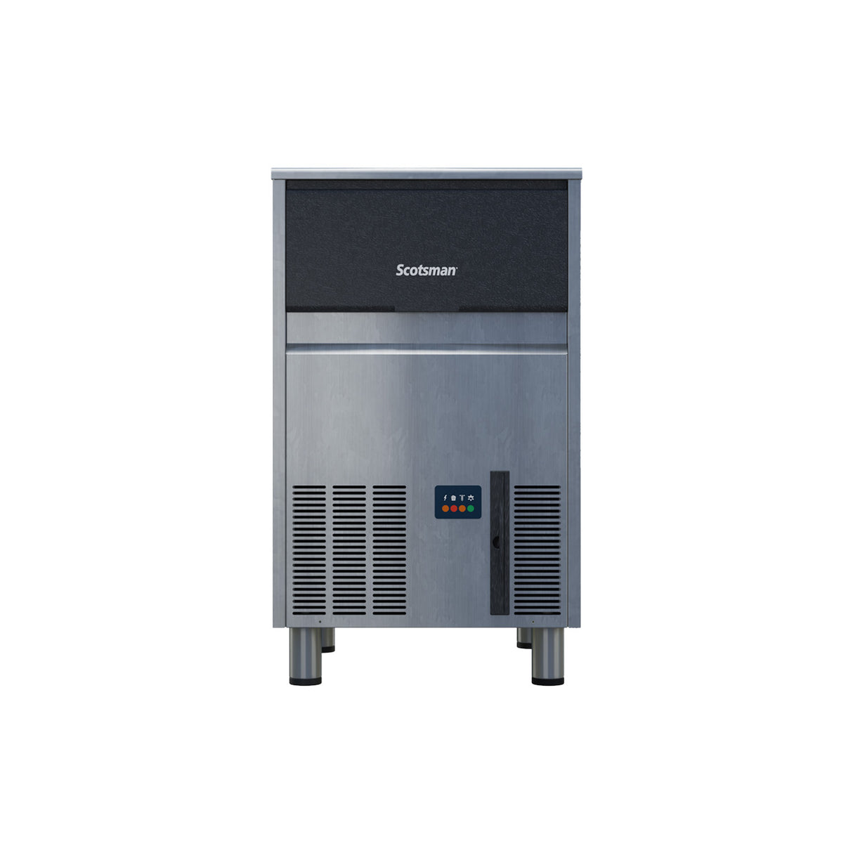 A commercial Scotsman ice machine with four short legs, a black front panel labeled “Scotsman,” ventilation grilles, and a digital control display. This undercounter ice maker produces gourmet cube ice. The background is plain white.