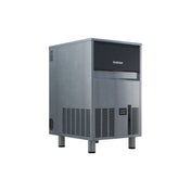 A silver Scotsman undercounter ice maker with a black front panel, small display, ventilation grills, and four cylindrical legs stands on a white background. Its modern, industrial design is ideal for producing gourmet cube ice in commercial settings.