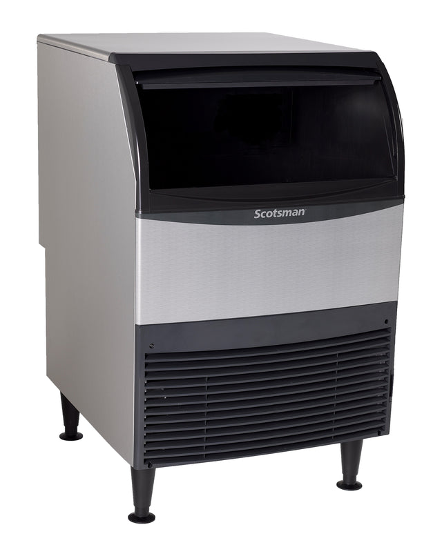 A commercial undercounter ice maker with the Scotsman brand on the front. Featuring a black top, vented lower panel, stainless steel body, and four legs, this modern cube style ice machine has a visible bin opening at the top.