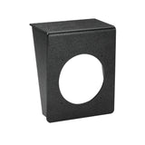 A black, textured metal dispenser bracket wall plate with a large circular cutout and four screw holes; the top edge is angled outward, creating a sloped surface ideal for mounting an undercounter cup dispenser.