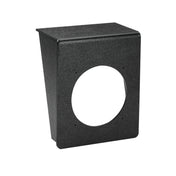 A black, textured metal dispenser bracket wall plate with a large circular cutout and four screw holes; the top edge is angled outward, creating a sloped surface ideal for mounting an undercounter cup dispenser.