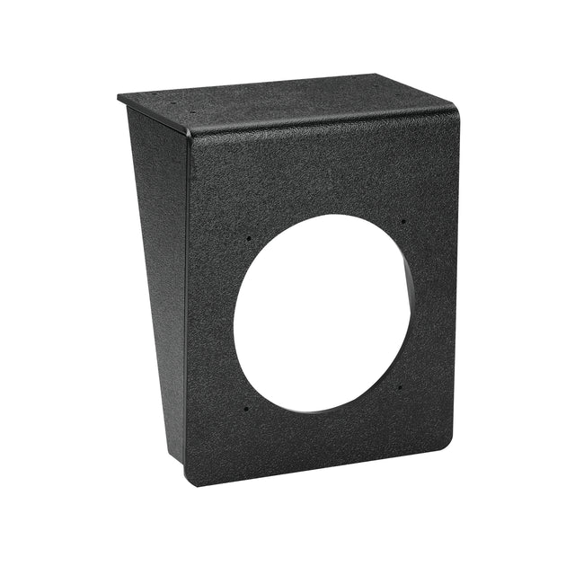 A black, textured metal dispenser bracket wall plate with a large circular cutout and four screw holes; the top edge is angled outward, creating a sloped surface ideal for mounting an undercounter cup dispenser.