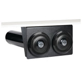 A black, rectangular wall-mounted hand dryer with two round drying nozzles is shown attached beneath a white countertop featuring an in-counter cup dispenser. The device has a cylindrical vent on the left and a textured finish, ideal for public restroom use.