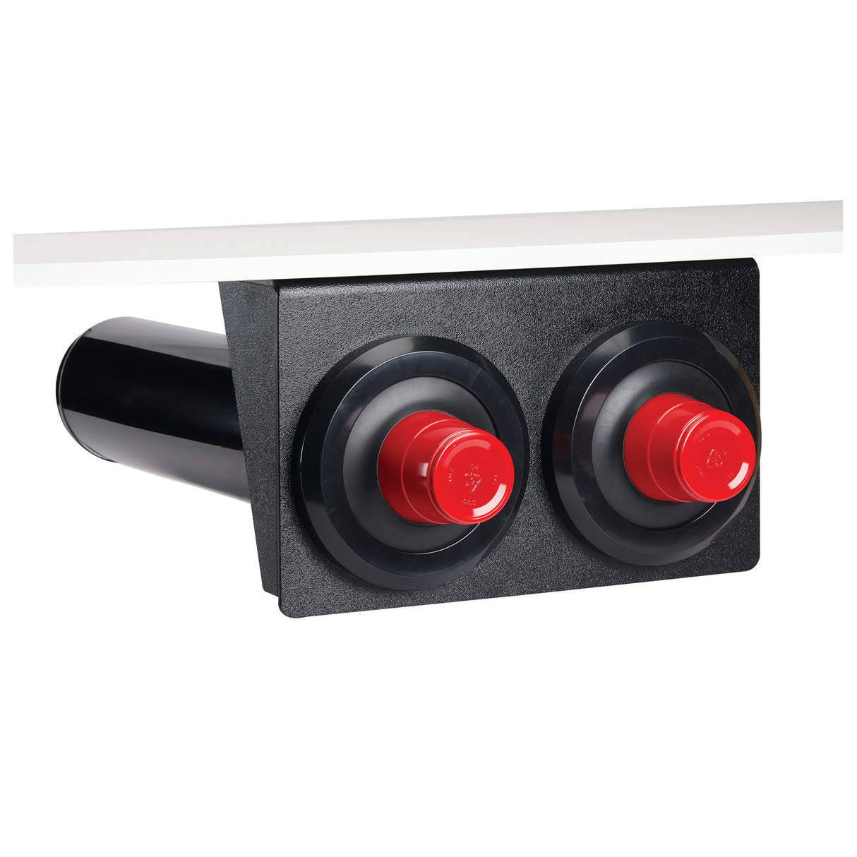 A black rectangular base with two large circular fittings—each holding a red capped connector—extends horizontally, resembling an in-counter cup dispenser with the Perfect-Fit gasket system. A cylindrical black pipe projects from the left side beneath a white surface.