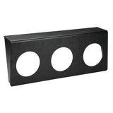 A black rectangular metal dispenser bracket with three large circular cutouts arranged horizontally. The flat panel, likely from Dispense-Rite, casts a slight shadow and is designed for mounting devices or undercounter cup dispenser units.