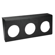 A black rectangular metal dispenser bracket with three large circular cutouts arranged horizontally. The flat panel, likely from Dispense-Rite, casts a slight shadow and is designed for mounting devices or undercounter cup dispenser units.
