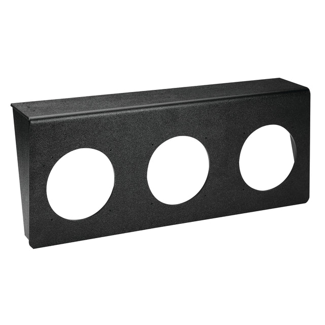 A black rectangular metal dispenser bracket with three large circular cutouts arranged horizontally. The flat panel, likely from Dispense-Rite, casts a slight shadow and is designed for mounting devices or undercounter cup dispenser units.