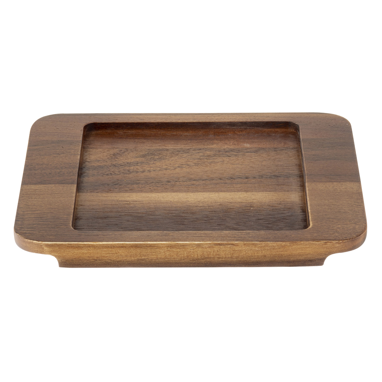 A rectangular wood underliner with a recessed center and rounded corners. The smooth finish highlights natural wood grain in brown shades. Edges are slightly elevated, and the tray sits flush against any surface—perfect as an Acacia underliner.