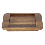 A rectangular wood underliner with a recessed center and rounded corners. The smooth finish highlights natural wood grain in brown shades. Edges are slightly elevated, and the tray sits flush against any surface—perfect as an Acacia underliner.