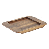 A rectangular wooden tray with rounded corners and a shallow recessed center, this Acacia Underliner by TableCraft Products features a mix of light and dark wood tones in a striped pattern. The smooth surface sits flat against a white background.