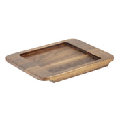 A rectangular wooden tray with rounded corners and a shallow recessed center, this Acacia Underliner by TableCraft Products features a mix of light and dark wood tones in a striped pattern. The smooth surface sits flat against a white background.