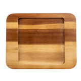 A rectangular wood underliner with rounded corners, featuring two horizontal stripes in brown shades. The recessed center and raised border highlight natural grain and a polished finish. Perfect as an Acacia underliner for stylish serving on any white background.
