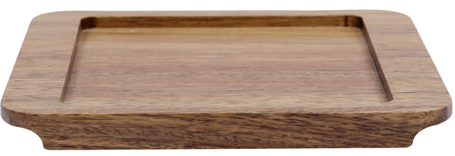 A rectangular wood underliner with smooth, rounded edges and a recessed center. Crafted by TableCraft from natural grain acacia, it displays light and medium brown tones. The tray sits flat with slightly raised sides and a thin profile.