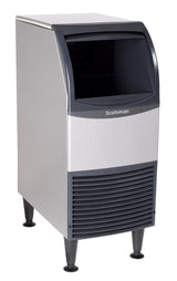 A silver and black Scotsman air-cooled ice maker with a large open ice bin at the top, a vented panel on the lower front, and four sturdy legs is photographed on a white background.