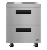 A Hoshizaki undercounter freezer with two stainless steel drawers, black handles, and caster wheels. Its sleek, industrial design is enhanced by a blue certification label on the lower right corner.