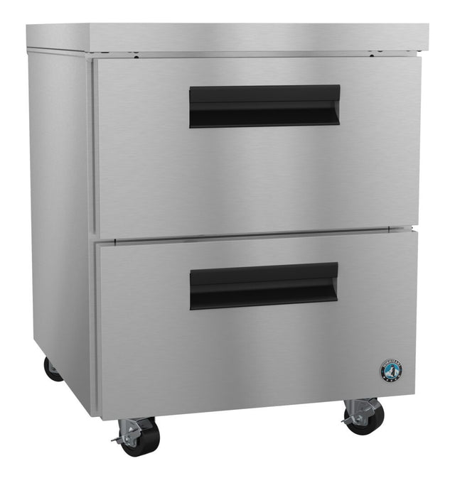 A Hoshizaki undercounter freezer with stainless steel drawers features two horizontal pull-out drawers, black handles, and smooth surfaces. It rests on four caster wheels, with a small round logo on the bottom right corner of the unit.