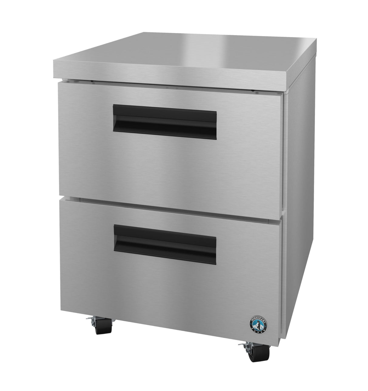 A Hoshizaki undercounter freezer features two spacious stainless steel drawers, black recessed handles, and four small caster wheels. The appliance boasts a smooth, modern finish and a certification sticker on the bottom right corner.
