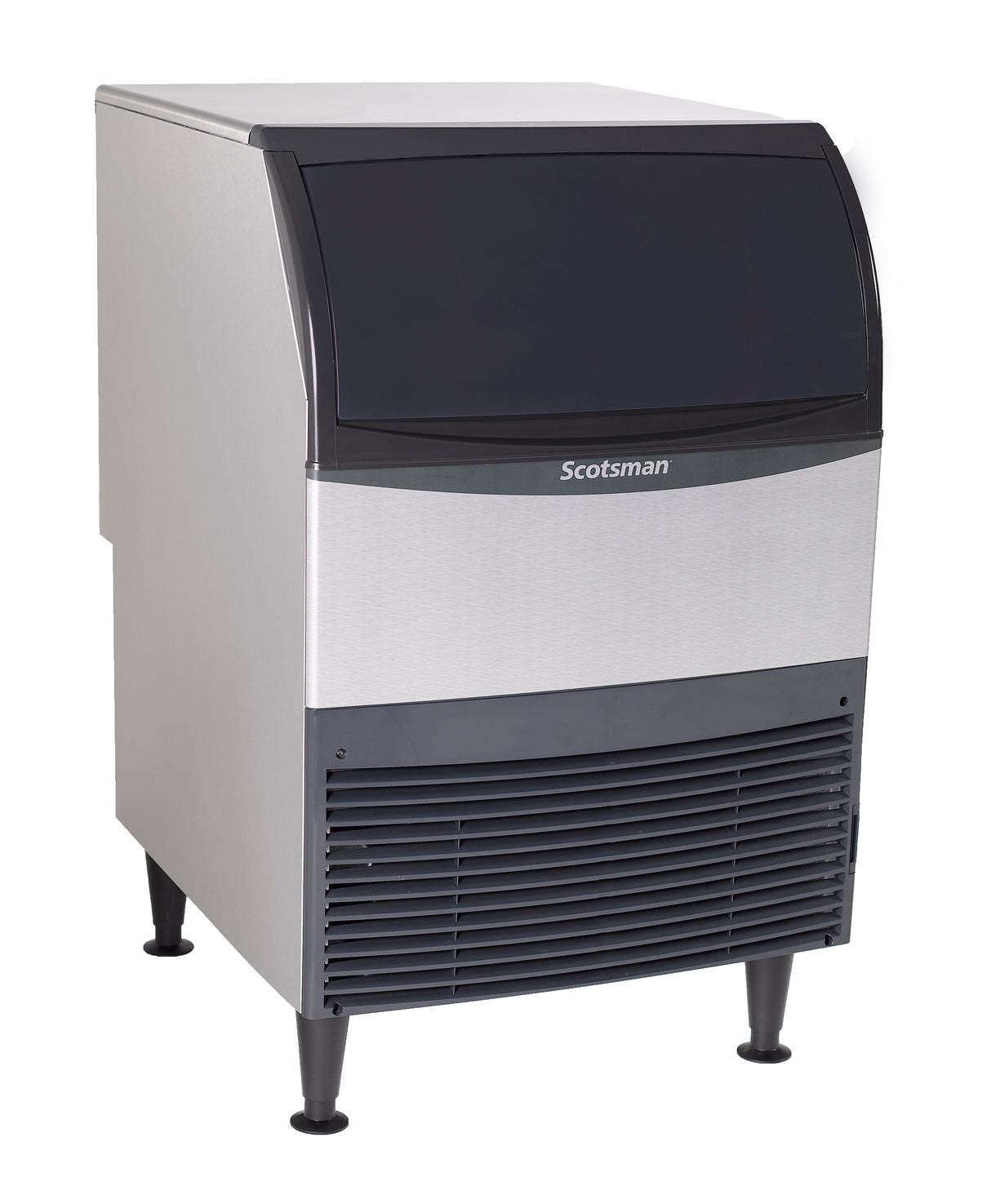 A freestanding Scotsman flake ice machine with a silver body, black top door, black vented bottom panel, and four sturdy legs. This air cooled unit features a modern, industrial design and is ideal for producing high-quality ice.