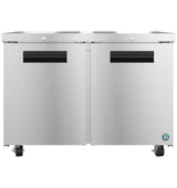 A commercial Hoshizaki UF48B-01 Steelheart Series stainless steel under-counter refrigerator with two doors, black recessed handles, and four wheel casters. The smooth metallic surface features a small blue and white logo at the bottom right corner.