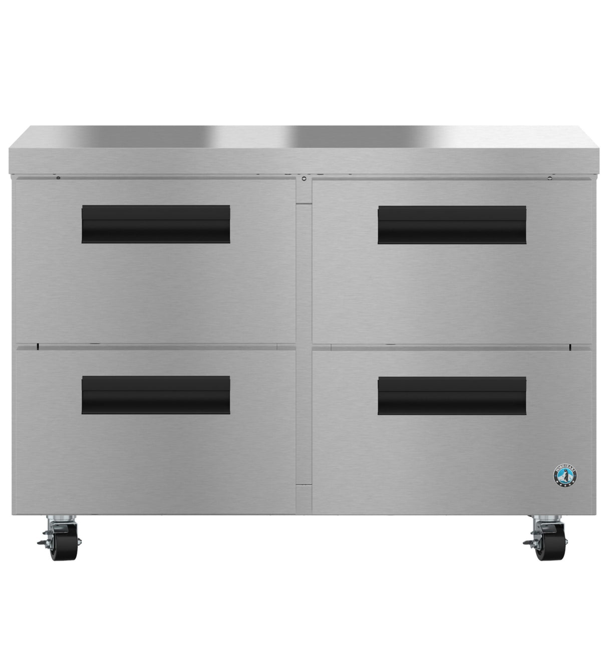 A Hoshizaki undercounter freezer with four stainless steel drawers, each featuring a black handle. The flat-top unit is equipped with caster wheels for easy mobility and displays a blue logo on the lower right corner.