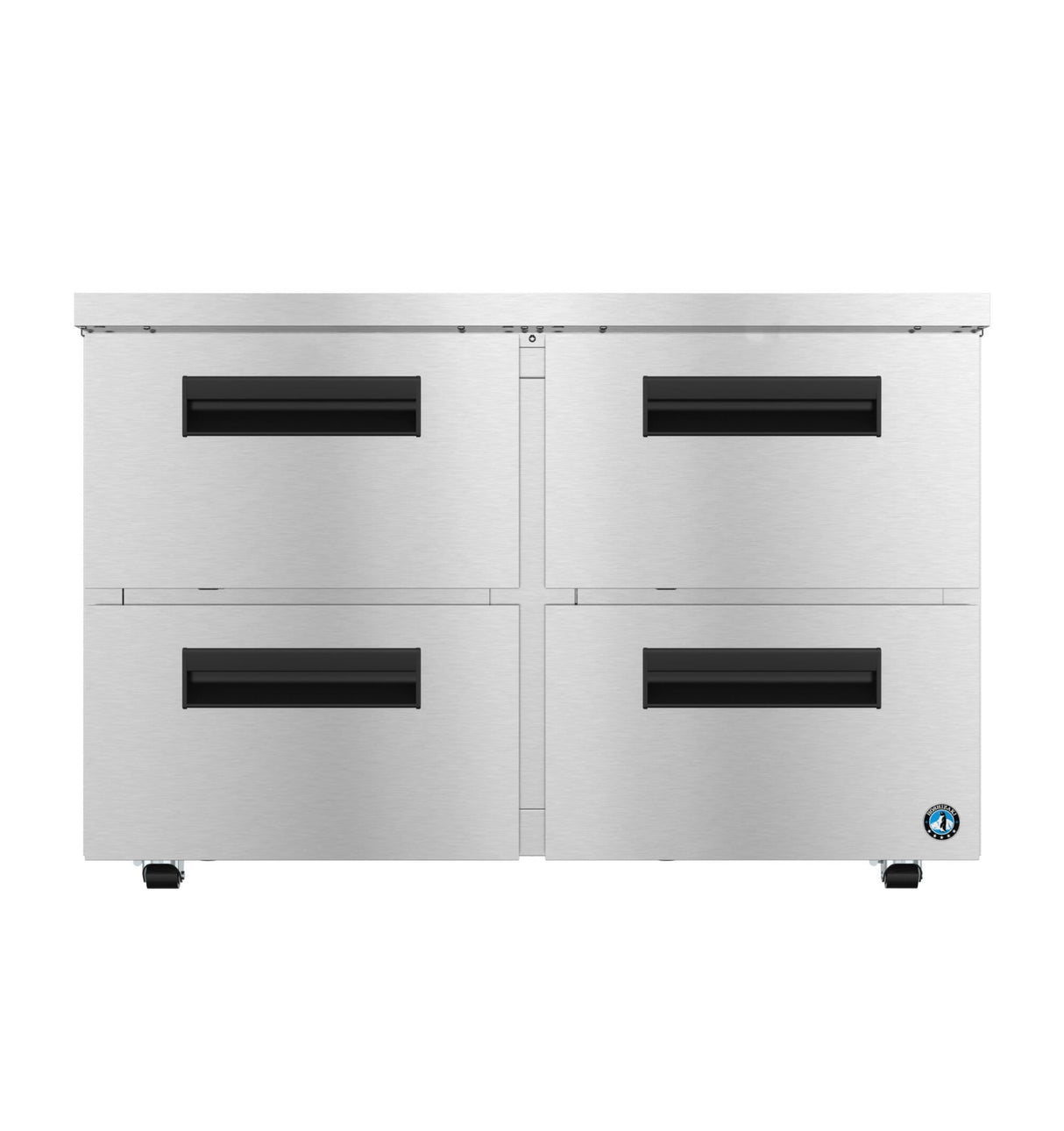 A commercial Steelheart Series undercounter freezer with four front-facing stainless steel drawers, each featuring black recessed handles. The brushed metal unit rests on small wheels, with a blue circular logo on the bottom right corner.
