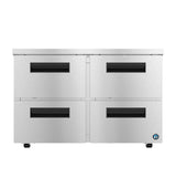 A commercial Steelheart Series undercounter freezer with four front-facing stainless steel drawers, each featuring black recessed handles. The brushed metal unit rests on small wheels, with a blue circular logo on the bottom right corner.