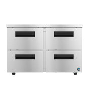 A commercial Steelheart Series undercounter freezer with four front-facing stainless steel drawers, each featuring black recessed handles. The brushed metal unit rests on small wheels, with a blue circular logo on the bottom right corner.