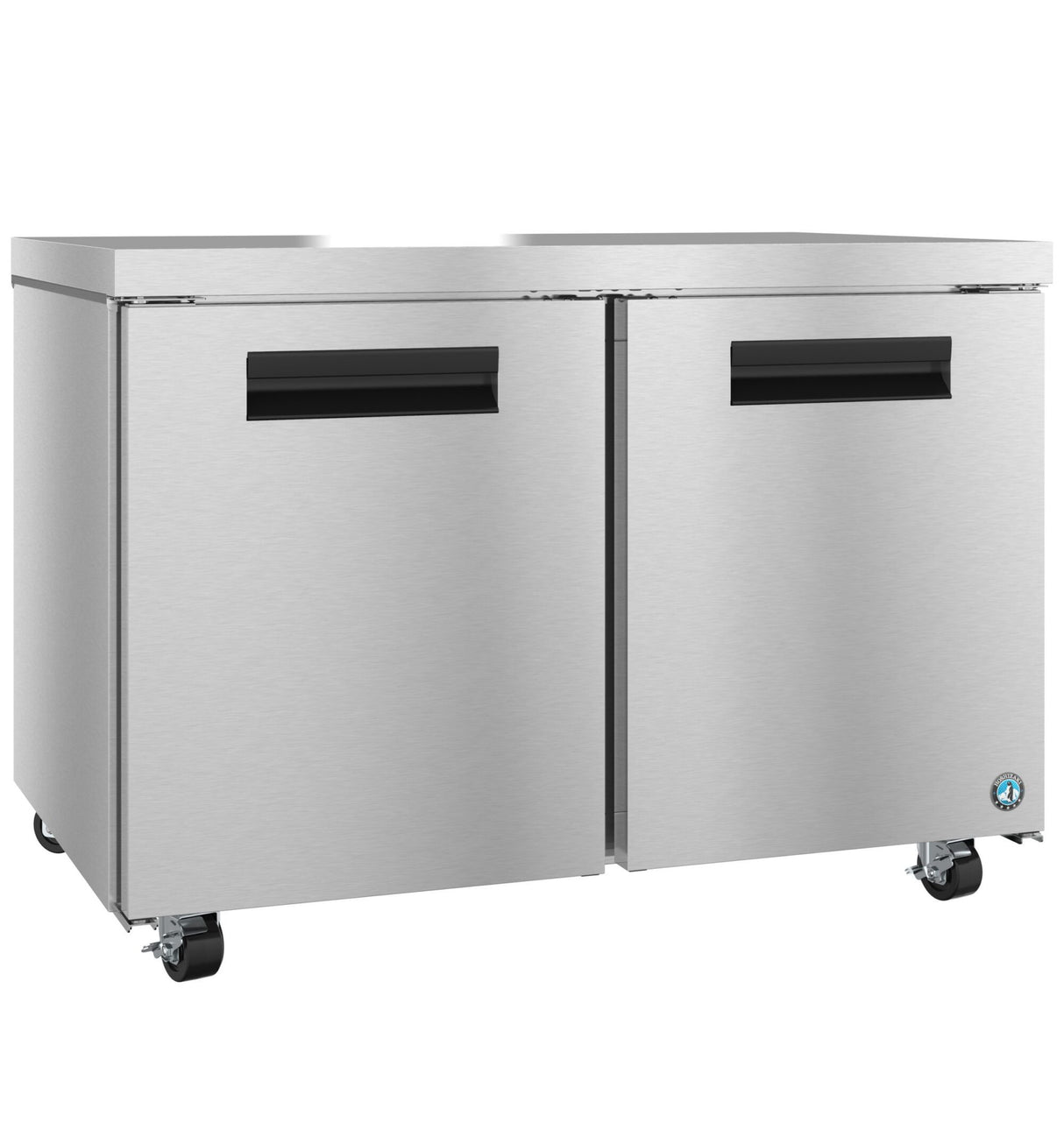A commercial stainless steel undercounter freezer with two doors, black horizontal handles, and four caster wheels for mobility. The smooth metallic surface features a small blue logo on the lower right corner.