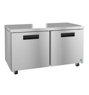A Hoshizaki Steelheart Series commercial stainless steel undercounter refrigerator with two solid doors, black horizontal handles, and four caster wheels for mobility. The unit features a flat top surface and a small blue logo on the lower right corner.