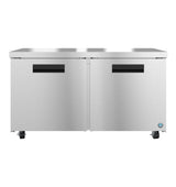 A Hoshizaki Steelheart Series commercial refrigerator with two side-by-side doors, black horizontal handles, and four caster wheels. The smooth, shiny stainless steel surface features a small round blue and white logo on the lower right corner.