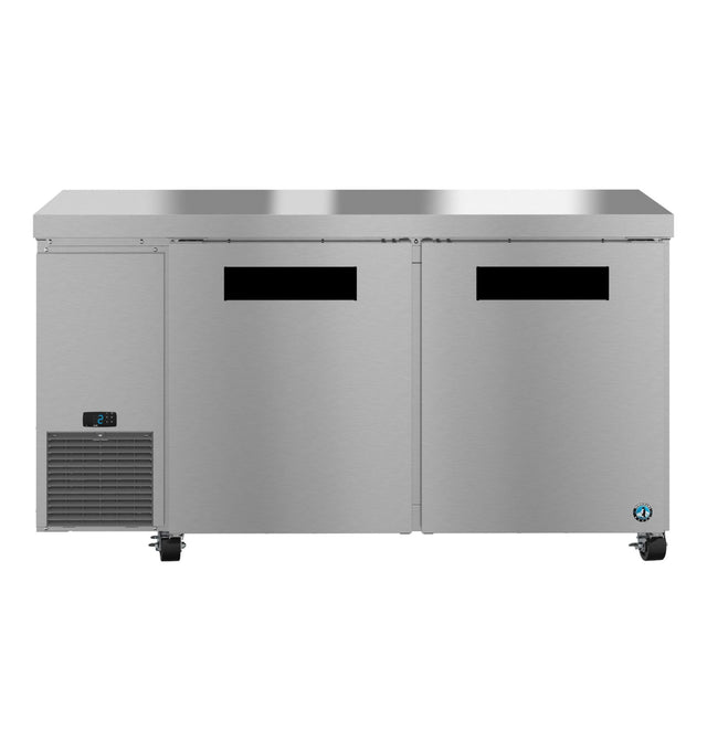 A Hoshizaki Steelheart stainless steel undercounter refrigerator with two doors, black handles, digital temperature display, bottom-left ventilation grille, caster wheels, and a clean modern design; appliance is set against a plain white background.