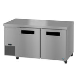 A Hoshizaki Steelheart commercial stainless steel refrigerator with three doors, digital temperature display, left-side ventilation panel, and black handles. The unit features caster wheels and a flat top, perfect for busy kitchens or as an undercounter freezer.