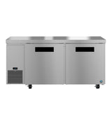 The Hoshizaki Steelheart commercial stainless steel undercounter refrigerator features two solid doors, black handles, a digital temperature display, lower left ventilation, casters for mobility, and an ENERGY STAR rating—ideal for kitchens or restaurants.