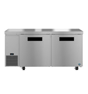 The Hoshizaki Steelheart commercial stainless steel undercounter refrigerator features two solid doors, black handles, a digital temperature display, lower left ventilation, casters for mobility, and an ENERGY STAR rating—ideal for kitchens or restaurants.