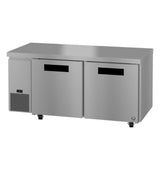 The Hoshizaki Steelheart undercounter freezer is a stainless steel commercial unit with two doors, ENERGY STAR certified for efficiency. It features black recess handles, small wheels, a vent on the bottom left, and a sleek industrial design.