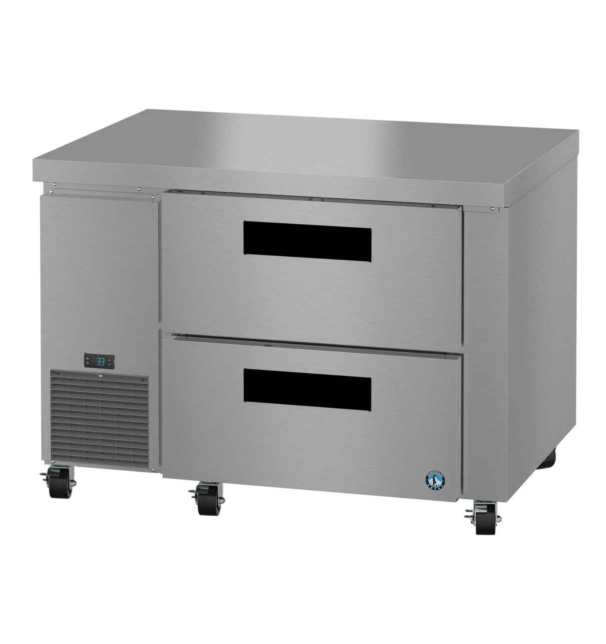 A durable Hoshizaki undercounter refrigerator with two large pull-out drawers, digital temperature display, ventilation grilles, four caster wheels for easy mobility, and a flat stainless steel surface ideal as a prep table.