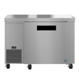 An ENERGY STAR commercial stainless steel undercounter refrigerator on wheels, with a digital temperature display reading 33°F, a large black handle, and a vented cooling panel on the lower left. The background is plain white.