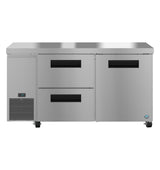 A Hoshizaki Steelheart Series undercounter refrigerator featuring two pull-out drawers on the left, a right-side vertical door, a digital temperature display above a vented panel, and four small wheels at the base for easy mobility.