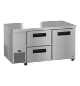 A Hoshizaki Steelheart Series commercial stainless steel refrigerated prep table with two pull-out drawers and two swing doors. This undercounter refrigerator stands on four caster wheels, with a digital control panel on the bottom left near the vented cooling panel.