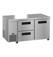 A Hoshizaki Steelheart Series commercial stainless steel refrigerated prep table with two pull-out drawers and two swing doors. This undercounter refrigerator stands on four caster wheels, with a digital control panel on the bottom left near the vented cooling panel.